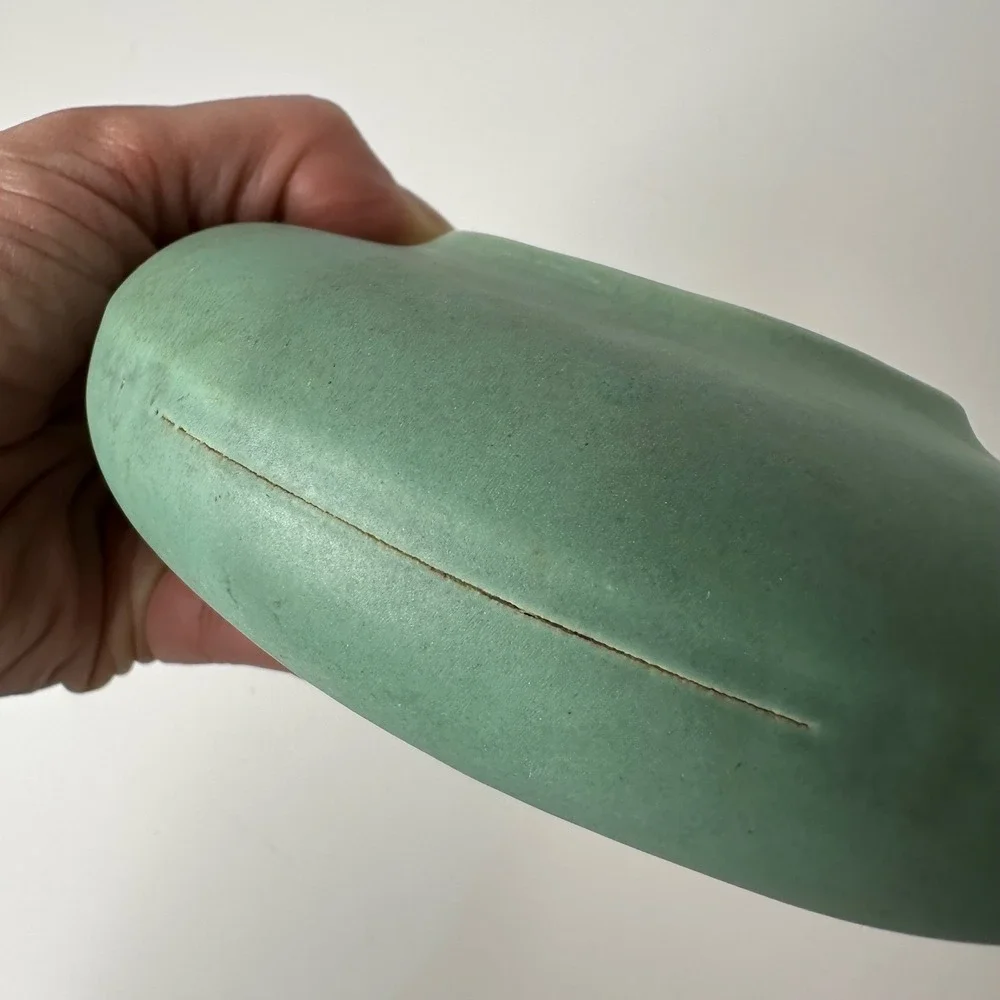 2 Art‎ Pottery Matte Green Low Profile Round Vases MCM Style Unmarked 2